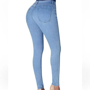 ROSWEAR HIGH RISE 3 BUTTON ZIP SKINNY JEANS LIGHT BLUE WASH SIZE LARGE 12-14